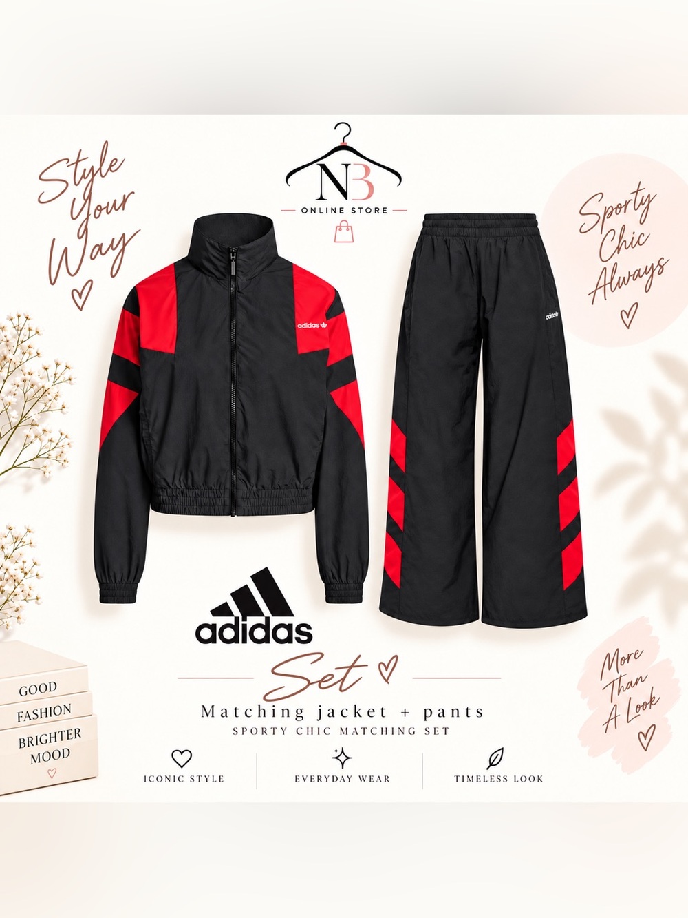 Adidas BLOCKED WASHED SET track pants and jacket, black and red